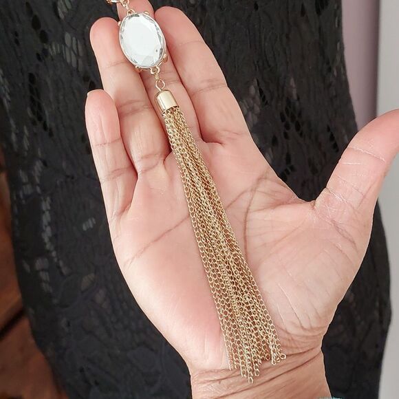 Herringbone Chain Necklace with Clear Rhinestones and Tassel Boho Chic Y Drop - Picture 5 of 6